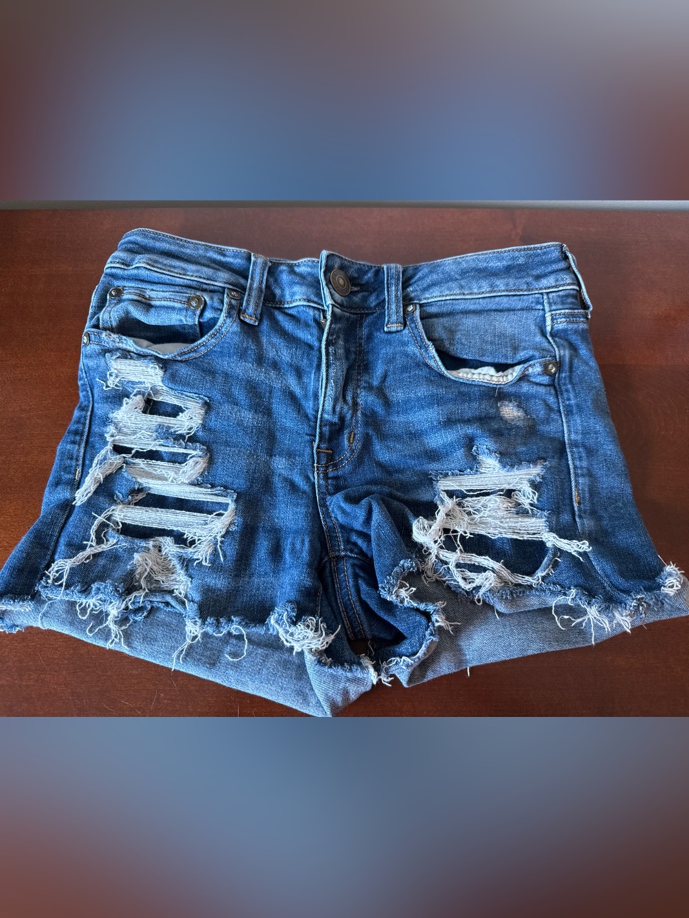 American Eagle Outfitters Distressed Dark Blue Denim fold over Shorts